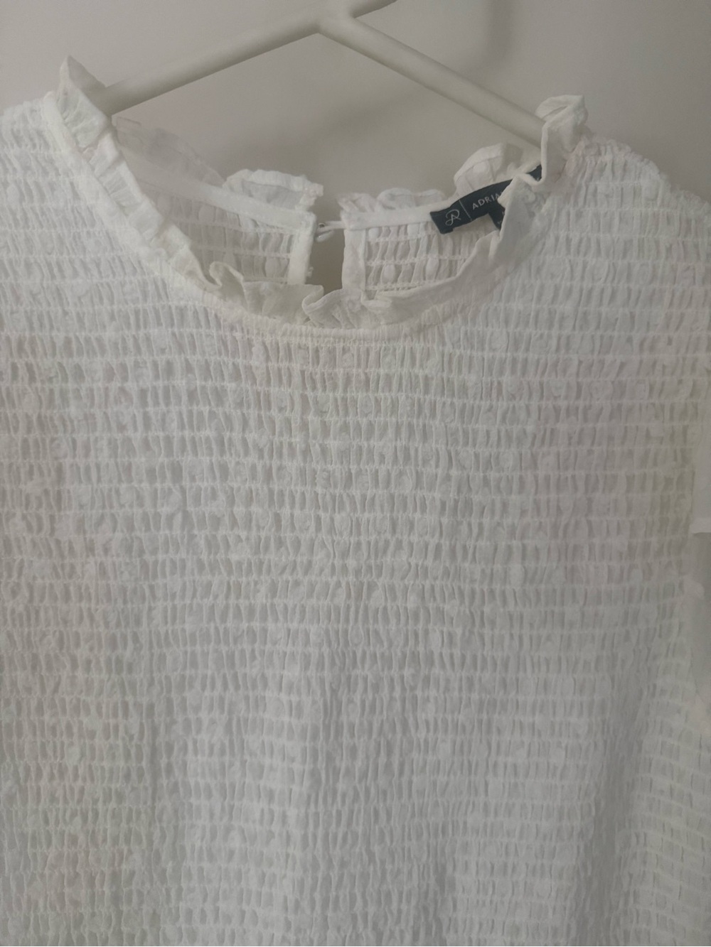 Adrianna Papell White Smocked Ruffle Neck Blouse